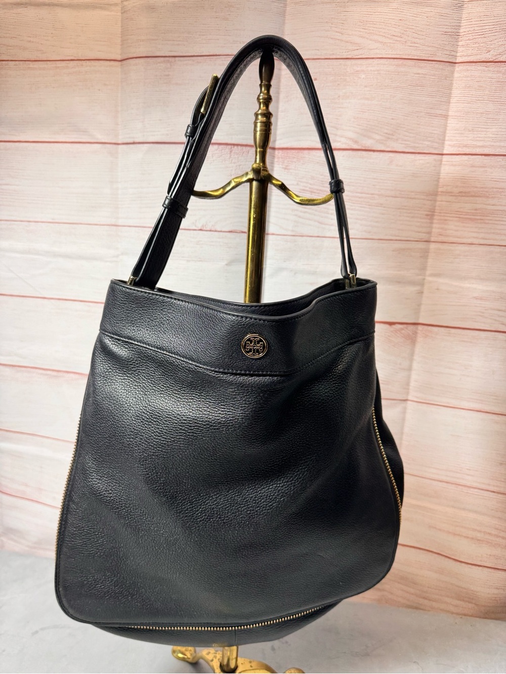 Tory Burch Black Pebbled Leather Hobo with Gold Logo